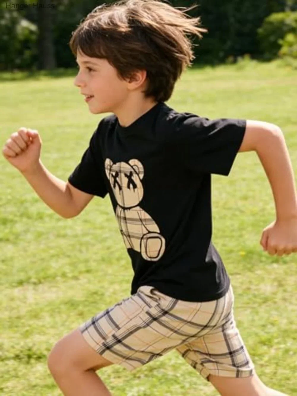 Toddler Boys Bear Print Tee with Plaid Shorts Set Cotton_4
